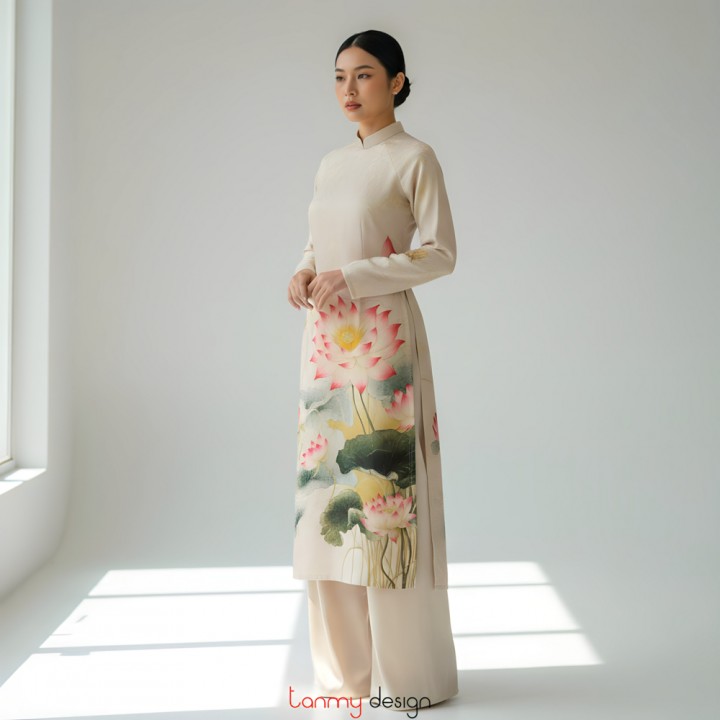 Áo dài nữ xuông, vải gấm dày ghi sáng L